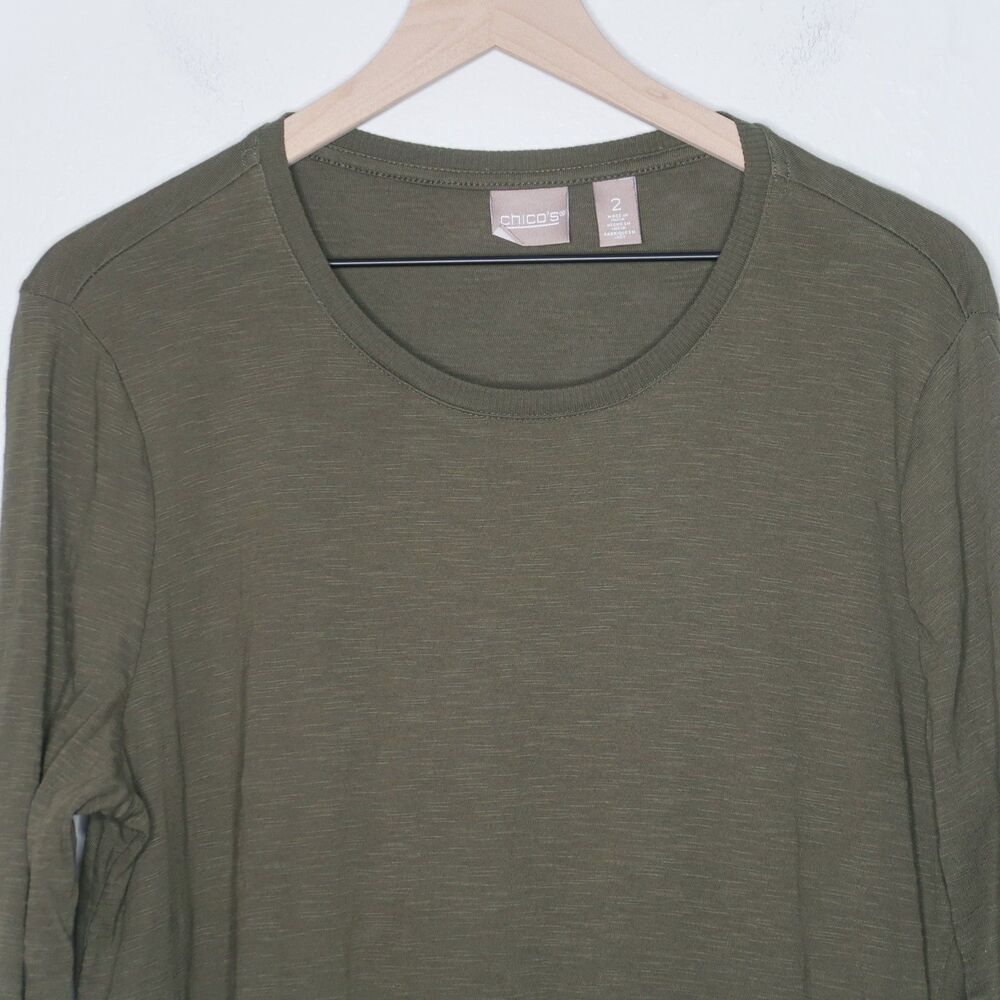 Chico's Womens 3/4 Sleeve T-Shirt Size 2 Large Olive Green Buttons Wrap Neutrals - Picture 5 of 10